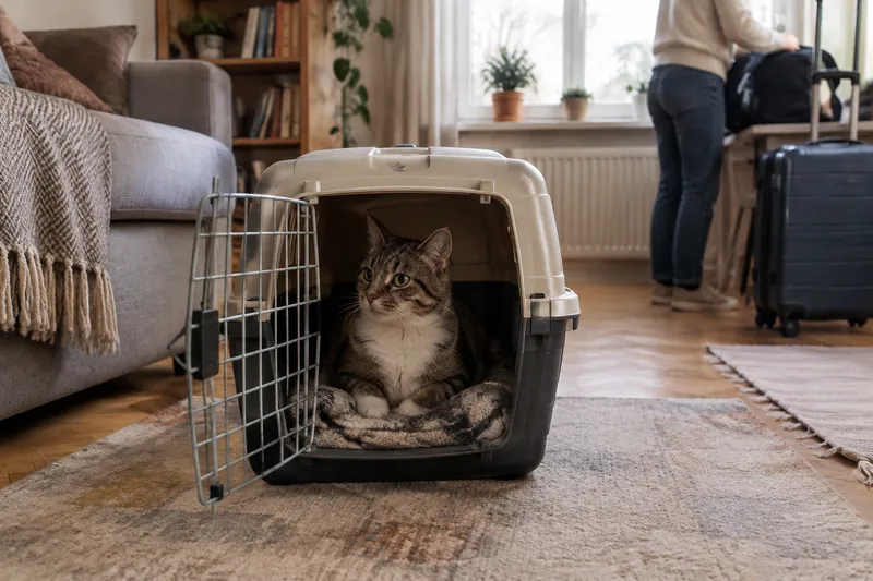 Kot siedzi spokojnie w otwartym transporterze wyłożonym kocem, stojącym na dywanie w salonie