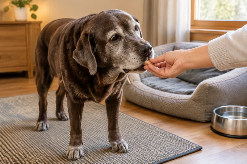 Opiekunka podaje siwemu labradorowi tabletkę ukrytą w smakołyku; pies stoi na antypoślizgowym dywaniku obok miękkiego posłania i miski z wodą