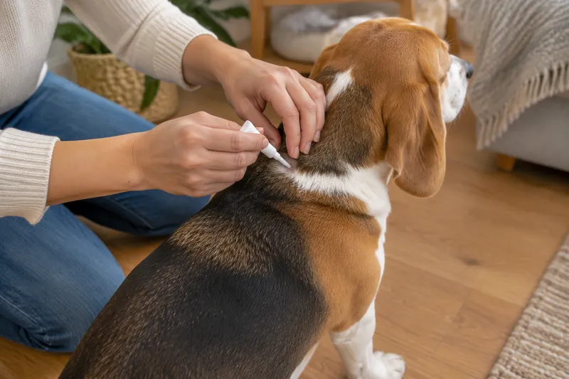 Właścicielka rozgarnia sierść beagle’a na karku i nakłada krople przeciw pchłom i kleszczom